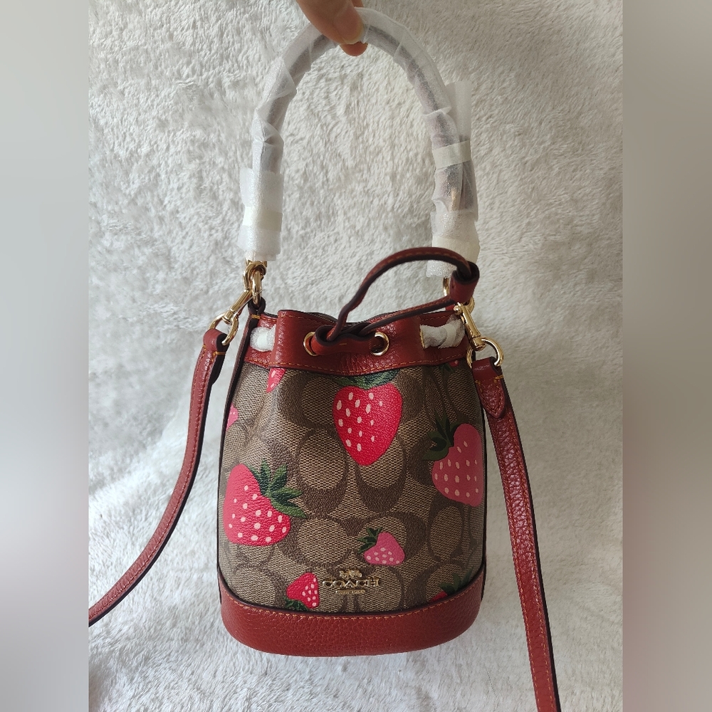Mini Dempsey Bucket Bag In Signature Canvas With Wild Strawberry Print